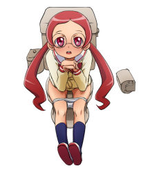 Rule 34 | 10s, 1girl, blush, calpara, glasses, hanasaki tsubomi, heartcatch precure!, panties, panty pull, precure, red eyes, red hair, solo, toilet, toilet paper, toilet use, twintails, underwear
