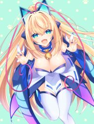 Rule 34 | 1girl, absurdres, animal ears, antenna hair, azure striker gunvolt, bell, blonde hair, breasts, bug, butterfly, cat ears, claw pose, cleavage, collar, collar bell, female focus, green eyes, highres, idol, insect, large breasts, lololotton, long hair, looking at viewer, lumen (gunvolt), multicolored hair, pink hair, revealing clothes, tagme