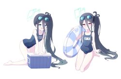 Rule 34 | &lt;key&gt; (blue archive), 2girls, 525 woiwo, absurdly long hair, absurdres, aris (blue archive), bare arms, bare legs, bare shoulders, barefoot, black hair, black one-piece swimsuit, blue archive, blue eyes, blush, breasts, closed mouth, collarbone, eyewear on head, green halo, halo, highres, innertube, long hair, looking at viewer, multiple girls, name tag, one-piece swimsuit, open mouth, red eyes, school swimsuit, side ponytail, simple background, small breasts, smile, sunglasses, swim ring, swimsuit, very long hair, white background