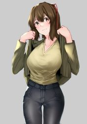Rule 34 | 1girl, alternate costume, breasts, brown eyes, brown hair, casual, commentary request, cowboy shot, denim, green jacket, green sweater, grey background, hair ribbon, highres, ise (kancolle), jacket, jeans, kantai collection, large breasts, looking at viewer, pants, ponytail, red ribbon, ribbon, short hair, simple background, smile, solo, sweater, z (knkr1025)