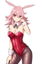 Rule 34 | 1girl, bare shoulders, blush, breasts, cleavage, detached collar, elfenlied22, fate (series), hair between eyes, head wings, highres, hildr (fate), leotard, long hair, looking at viewer, medium breasts, pantyhose, pink hair, red eyes, red leotard, simple background, smile, solo, thighs, valkyrie (fate), white background, wings, wrist cuffs