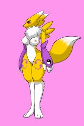 Rule 34 | 1girl, absurdres, animal ears, animal hands, black sclera, blue eyes, blush, breasts, colored sclera, detached sleeves, digimon, digimon (creature), feet, fox tail, frown, full body, furry, furry female, half-closed eyes, highres, kewon, large breasts, looking at viewer, looking to the side, nipples, pink background, renamon, simple background, solo, standing, tail, yin yang