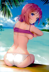 Rule 34 | 10s, 1girl, ass, back, beach, bikini, blue sky, blush, breasts, clothes lift, cloud, cloudy sky, day, lifted by self, looking back, love live!, love live! school idol project, medium breasts, mignon, nishikino maki, ocean, outdoors, palm tree, purple eyes, red hair, shade, shiny clothes, shirt lift, short hair, sitting, skindentation, sky, solo, summer, swimsuit, tree, undressing, water, white bikini, wide hips