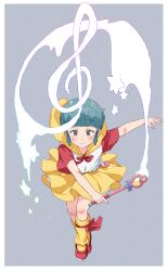 Rule 34 | 1girl, blue hair, blush, brown eyes, closed mouth, commentary request, creamy mami, gomennasai, grey background, heart, highres, holding, holding wand, hood, hood down, hoodie, kneehighs, loose socks, magical girl, mahou no tenshi creamy mami, pleated skirt, red footwear, shoes, short sleeves, simple background, skirt, smile, socks, solo, star (symbol), treble clef, wand, white hoodie, yellow skirt, yellow socks