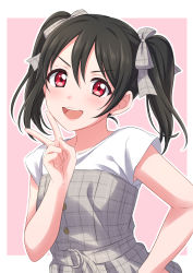 Rule 34 | 1girl, :d, absurdres, bad id, bad twitter id, black hair, blush, border, dot nose, dress, grey dress, grey ribbon, hair ribbon, hand on own hip, head tilt, highres, looking at viewer, love live!, love live! school idol project, medium hair, open mouth, outline, pink background, red eyes, ribbon, sekina, shirt, smile, solo, strapless, strapless dress, twintails, upper body, v, white border, white outline, white shirt, yazawa nico