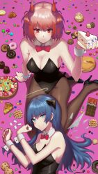 Rule 34 | 2girls, arknights, blue eyes, blue hair, blue nails, bow, bowtie, breasts, cake, candy, chocolate, cleavage, cookie, detached collar, doughnut, fiammetta (arknights), food, halo, highres, horns, lollipop, macaron, medium breasts, mostima (arknights), multiple girls, pancake, pantyhose, pie, pink background, red eyes, red hair, red nails, smile, tabletennis229, wrist cuffs