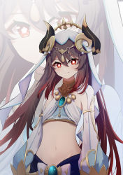 Rule 34 | 1girl, absurdres, alternate hairstyle, breasts, brooch, brown hair, commentary request, cosplay, crop top, detached sleeves, genshin impact, groin, hair between eyes, harem outfit, highres, horns, hu tao (genshin impact), jewelry, long hair, long sleeves, looking at viewer, midriff, navel, nilou (genshin impact), nilou (genshin impact) (cosplay), puffy long sleeves, puffy sleeves, qixia, red eyes, shirt, sleeveless, sleeveless shirt, small breasts, smile, solo, stomach, twintails, veil, very long hair, zoom layer