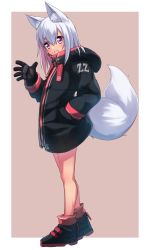 Rule 34 | 1girl, :d, animal ear fluff, animal ears, black footwear, black gloves, black jacket, blush, brown background, commentary request, fang, full body, gloves, hair between eyes, hand up, highres, hood, hood down, hooded jacket, jacket, long sleeves, looking at viewer, minowa sukyaru, multicolored hair, open mouth, original, pink hair, purple eyes, shoes, silver hair, smile, solo, standing, tail, tail raised, thick eyebrows, two-tone background, two-tone hair, white background