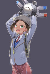 Rule 34 | 1girl, :d, alternate hairstyle, arms up, black gloves, blue vest, brown hair, collared shirt, commentary request, creatures (company), eyelashes, game freak, gen 1 pokemon, gloves, green eyes, grey background, grey headwear, grey jacket, hat, highres, holding, holding pokemon, jacket, juliana (pokemon), long sleeves, magnemite, momihige, necktie, nintendo, open mouth, orange pants, outline, pants, pokemon, pokemon (creature), pokemon sv, red necktie, shirt, short hair, smile, vest, white shirt, zipper pull tab