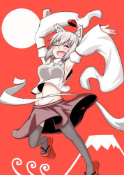 Rule 34 | 1girl, animal ears, armpits, bare shoulders, blush, breasts, chickenman, closed eyes, detached sleeves, geta, grey thighhighs, groin, hat, inubashiri momiji, large breasts, long sleeves, midriff, navel, open mouth, pom pom (clothes), short hair, silver hair, skirt, solo, tears, thighhighs, tokin hat, touhou, wolf ears