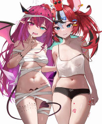 Rule 34 | 2girls, absurdres, alternate costume, animal ears, aqua eyes, bandages, black shorts, blue eyes, breasts, breasts apart, camisole, cleavage, cowboy shot, crop top, crystal wings, demon tail, fake wings, fingernails, hair between eyes, hakos baelz, halloween, halloween costume, halo, heterochromia, highres, hololive, hololive english, horns, irys (hololive), kkato, leaning to the side, long fingernails, long hair, looking at viewer, medium breasts, micro shorts, midriff, mouse ears, mr. squeaks (hakos baelz), multiple girls, nail polish, naked bandage, navel, navel piercing, open mouth, piercing, pointy ears, pubic tattoo, purple eyes, purple hair, red hair, shorts, simple background, stomach, straight-on, strap slip, tail, tattoo, thigh gap, twintails, virtual youtuber, white background, wings