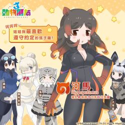 Rule 34 | 5girls, alpaca suri (kemono friends), animal ears, bat-eared fox (kemono friends), belt, black hair, blazer, boots, bow, bowtie, chinese text, copyright name, extra ears, glasses, gloves, grey hair, highres, hippopotamus (kemono friends), jacket, kemono friends, kemono friends 3, long hair, looking at viewer, multicolored hair, multiple girls, necktie, official art, pallas&#039;s cat (kemono friends), pants, pantyhose, red hair, shirt, short hair, shorts, silver fox (kemono friends), simple background, skirt, tail, translation request, two-tone hair, vest