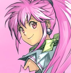 Rule 34 | 1girl, arche klein, bow, closed mouth, commentary request, earrings, green bow, hungry clicker, jewelry, long hair, looking at viewer, looking back, pink background, pink eyes, pink hair, simple background, smile, solo, tales of (series), tales of phantasia, upper body