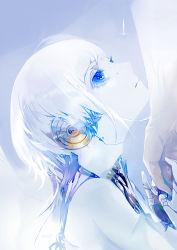 Rule 34 | 1boy, 1girl, android, bare shoulders, blue eyes, colored skin, comaza, crying, crying with eyes open, eyelashes, grey background, holding hands, highres, joints, looking up, mechanical parts, robot ears, robot joints, science fiction, short hair, simple background, tears, upper body, white hair, white skin