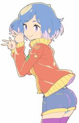 Rule 34 | 1girl, absurdres, ass, bad id, bad twitter id, blue hair, blue shorts, closed mouth, cowboy shot, donguri suzume, double w, fingernails, from side, highres, jacket, long sleeves, looking at viewer, nail polish, purple eyes, purple nails, purple thighhighs, red jacket, short hair, shorts, simple background, smile, solo, thighhighs, w, white background