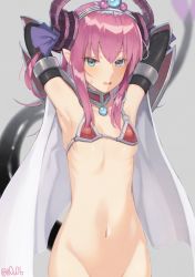 Rule 34 | 1girl, armor, bikini armor, black sleeves, blue eyes, bottomless, breasts, choker, collarbone, detached sleeves, dragon tail, elizabeth bathory (brave) (fate), elizabeth bathory (fate), fate/grand order, fate (series), grey background, groin, hairband, horns, long hair, looking at viewer, navel, open mouth, out-of-frame censoring, pink hair, simple background, small breasts, solo, standing, stomach, sweatdrop, tail, twitter username, underboob, you06