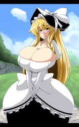 Rule 34 | 1girl, blonde hair, blush, braid, breasts, cleavage, day, dress, female focus, gigantic breasts, gloves, hat, huge breasts, invincible marisa, kirisame marisa, nature, new super marisa land, outdoors, plant, regls, skirt, sky, smile, solo, standing, touhou, witch hat, yellow eyes