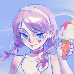 Rule 34 | 1girl, arknights, bare shoulders, blue background, blue eyes, blue poison (arknights), blue poison (shoal beat) (arknights), choker, commentary request, earrings, facial mark, food, hairband, hand up, heart, holding, holding food, ice cream, ice cream cone, jewelry, lingegegegege, long hair, looking at viewer, pink choker, pink hair, smile, solo, spaghetti strap, upper body, white hairband