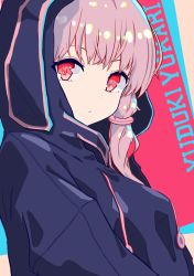 Rule 34 | 1girl, black jacket, character name, closed mouth, commentary request, drawstring, eyebrows hidden by hair, hair ornament, highres, hood, hood up, hooded jacket, jacket, long hair, looking at viewer, looking to the side, pink hair, red eyes, sidelocks, solo, upper body, vocaloid, voiceroid, yusake san, yuzuki yukari