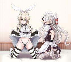 Rule 34 | 2girls, absurdres, alternate costume, amatsukaze (kancolle), apron, ass, black panties, blonde hair, breasts, clothes lift, covering own eyes, dress, dress lift, enmaided, gloves, grey eyes, grey hair, hair tubes, hairband, highleg, highleg panties, highres, kantai collection, lifted by self, long hair, maid, maid apron, maid headdress, multiple girls, navel, panties, shimakaze (kancolle), short dress, short sleeves, small breasts, striped legwear, thighhighs, thong, tk8d32, two side up, underwear, waist apron, white apron, white gloves, white hairband, white panties