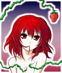 Rule 34 | 1girl, food, fruit, hair in own mouth, looking at viewer, nude, okazaki yumemi, red eyes, red hair, sinya-0, solo, strawberry, touhou, touhou (pc-98)