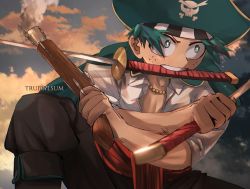Rule 34 | 1boy, belt, boku no hero academia, brown pants, cloud, collarbone, commentary, cosplay request, day, english commentary, freckles, green eyes, green hair, green jacket, gun, hat, highres, holding, holding gun, holding sword, holding weapon, jacket, jewelry, male focus, midoriya izuku, mouth hold, necklace, outdoors, pants, red belt, shirt, skull print, sky, solo, sunset, sword, trubwlsum, v-shaped eyebrows, weapon