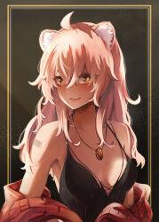Rule 34 | 1girl, animal ear fluff, animal ears, arknights, barcode, barcode tattoo, bare shoulders, blush, breasts, collarbone, commentary, english commentary, gravel (arknights), hair between eyes, highres, jacket, jewelry, locket, long hair, looking at viewer, medium breasts, open clothes, parted lips, pendant, pink hair, prairie dog ears, shoulder tattoo, smile, solo, tattoo, teeth, tienn, upper teeth only, yellow eyes