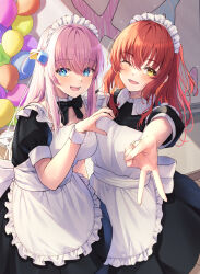 Rule 34 | 2girls, apron, balloon, black bow, black bowtie, black dress, blue eyes, blush, bocchi the rock!, bow, bowtie, collar, cube hair ornament, detached collar, dress, frilled apron, frills, gotoh hitori, hair between eyes, hair ornament, heart hands failure, highres, kita ikuyo, long hair, looking at viewer, maid, maid apron, maid headdress, multiple girls, one eye closed, one side up, open mouth, outstretched arm, pink hair, primamiya, red hair, short sleeves, sidelocks, smile, v, white collar, wrist cuffs, yellow eyes