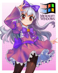 Rule 34 | 1girl, 3.1-tan, absurdres, black pantyhose, bow, bowtie, brown eyes, commentary request, dress, grey hair, hair bow, highres, long hair, long sleeves, looking at viewer, microsoft windows, os-tan, pantyhose, purple bow, purple bowtie, purple dress, smile, solo, tsukiyono aroe, v