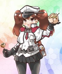 Rule 34 | 1girl, :d, alternate costume, black pantyhose, brown eyes, brown hair, capelet, cosplay, covered navel, food, gameplay mechanics, graf zeppelin (kancolle), graf zeppelin (kancolle) (cosplay), hat, hexagon, holding, honeycomb (pattern), honeycomb background, honeycomb pattern, kantai collection, long hair, looking at viewer, machinery, open mouth, pantyhose, peaked cap, pun, ryuujou (kancolle), smile, solo, takoyaki, tanaka kusao, twintails