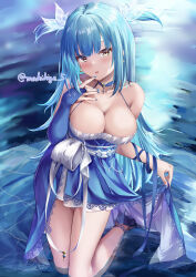 Rule 34 | 1girl, absurdres, azur lane, bare shoulders, blue dress, blue hair, blunt bangs, blush, breasts, bridal gauntlets, cleavage, dress, fingernails, full body, high heels, highres, jewelry, kneeling, large breasts, long hair, looking at viewer, makihige, nail polish, neptune (azur lane), neptune (nereid&#039;s invitation) (azur lane), official alternate costume, open mouth, shoes, short twintails, skirt hold, smile, solo, twintails, twitter username, water, yellow eyes