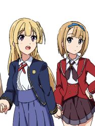 Rule 34 | 22/7, 2girls, :d, blonde hair, blue bow, blue hairband, blue jacket, blue skirt, bow, bow hairband, brown neckerchief, brown skirt, closed mouth, collared shirt, cowboy shot, fujima sakura, green eyes, hair bow, hairband, hand on own hip, holding hands, igashiko, jacket, long hair, long sleeves, looking at another, looking to the side, looking up, multiple girls, neckerchief, necktie, oekaki, one side up, open clothes, open jacket, open mouth, pleated skirt, purple eyes, red jacket, red necktie, saito nicole, school emblem, school uniform, shirt, short hair, simple background, skirt, smile, standing, teeth, upper teeth only, white background, white shirt