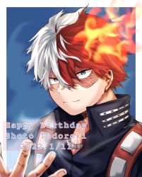 Rule 34 | 1boy, blue background, blue eyes, boku no hero academia, burn scar, character name, command input, costume, cryokinesis, dated, english text, fire, foreground text, frost, hair between eyes, hand up, happy birthday, heterochromia, highres, long bangs, looking at viewer, male focus, multicolored hair, ne o 92, outside border, portrait, pyrokinesis, red hair, scar, scar on face, short hair, signature, smile, solo, split-color hair, todoroki shouto, two-tone hair, white hair