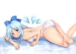 Rule 34 | 1girl, aged up, alternate hair length, alternate hairstyle, ass, barefoot, blue door, blue eyes, blue hair, blush, bow, bra, breasts, cirno, embarrassed, face, feet, hair bow, licking lips, lingerie, long hair, looking back, lying, matching hair/eyes, open mouth, panties, short hair, smile, solo, strap gap, tongue, tongue out, touhou, underwear, underwear only, white bra, white panties, wings