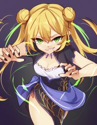 Rule 34 | 1girl, absurdres, black background, black nails, breasts, claw pose, cleavage, cleavage cutout, clothing cutout, dokibird (vtuber), double bun, dress, green eyes, hair bun, highres, indie virtual youtuber, long hair, looking at viewer, nail polish, ricegnat, short sleeves, simple background, smile, solo, teeth, thighhighs, twintails, virtual youtuber
