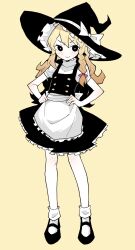 Rule 34 | 1girl, akableak, apron, blonde hair, body freckles, bow, braid, commentary, english commentary, freckles, full body, gradient hair, hair bow, hand on own hip, hands on own hips, hat, hat bow, highres, kirisame marisa, long hair, mary janes, multicolored hair, shoes, side braid, single braid, smile, socks, solo, touhou, waist apron, white bow, witch hat