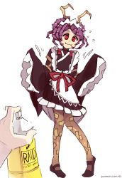 Rule 34 | 1girl, antennae, arthropod girl, commentary, english commentary, english text, entoma vasilissa zeta, fangs, full body, knees together feet apart, long sleeves, maid, maid headdress, monster girl, overlord (maruyama), pov, pov hands, red eyes, rtil, simple background, sleeves past fingers, sleeves past wrists, smile, solo focus, standing, waving arms, white background, wide sleeves
