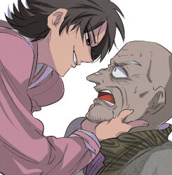 Rule 34 | 1boy, 1girl, animal print, bald, black hair, character request, commentary request, fukumoto mahjong, grin, hand on another&#039;s chin, inudori, jacket, long sleeves, looking at another, mamiya (yami-ma no mamiya), old, old man, pink jacket, profile, red eyes, scar, scar on face, scar on nose, scared, short hair, simple background, smile, teeth, tiger print, upper body, v-shaped eyebrows, white background, yami-ma no mamiya