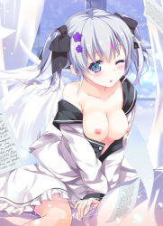 Rule 34 | 1girl, ahoge, bad id, bad pixiv id, bare shoulders, black bow, blue eyes, bow, breasts, cleavage, collarbone, collared dress, commentary request, cursive, curtains, dress, hair bow, highres, indoors, light particles, long hair, long sleeves, looking at viewer, medium breasts, nipples, no bra, off shoulder, one eye closed, original, paper, parted lips, sidelocks, silver hair, sitting, sleeves past wrists, solo, twintails, uzuki hiro, v arms, white dress, window