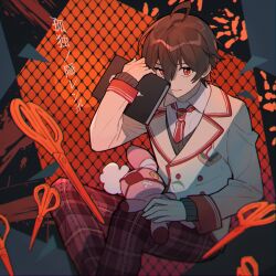 Rule 34 | 1boy, a-ya (shuuen no shiori), ahoge, arm up, bandaged ear, bandages, blazer, book, broken, brown hair, buttons, chain-link fence, collared shirt, colored eyepatch, commentary request, double-breasted, eyepatch, feet out of frame, fence, floating, floating object, grey sweater, hair between eyes, handprint, highres, holding, holding book, holding stuffed toy, jacket, long sleeves, looking at viewer, male focus, necktie, outdoors, pants, plaid, plaid pants, rata (m40929), red eyes, red necktie, red pants, red sky, red trim, school uniform, scissors, shirt, short hair, shuuen no shiori project, sitting, sky, sleeve cuffs, solo, song name, splatter, stuffed animal, stuffed rabbit, stuffed toy, sweater, triangle, two-tone necktie, vertical-striped clothes, vertical-striped necktie, white jacket, white necktie, white shirt