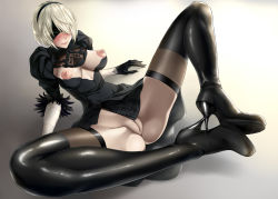 Rule 34 | 1girl, artist request, blindfold, boots, breasts, dress, feather-trimmed sleeves, hairband, high heel boots, high heels, nier, nier (series), nier:automata, nipples, no panties, pussy, short hair, solo, thigh boots, thighhighs, uncensored, white hair, 2b (nier:automata)