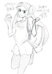 Rule 34 | 1girl, bad id, bad twitter id, bag, bow, creatures (company), dated, double bun, female focus, game freak, greyscale, hair bun, hat, holding, holding poke ball, kyouta (a01891226), long hair, long sleeves, looking at viewer, monochrome, nintendo, pantyhose, pantyhose under shorts, poke ball, pokemon, pokemon bw2, raglan sleeves, rosa (pokemon), shorts, shoulder bag, signature, solo, standing, standing on one leg, twintails, very long hair, visor cap, white background
