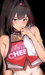 Rule 34 | 1girl, bandaid, bandaid on arm, bare shoulders, bay (nikke), black hair, blush, breasts, brown eyes, cheerleader, closed mouth, clothes writing, commentary, crop top, dark background, goddess of victory: nikke, hair between eyes, hair intakes, hairband, highres, holding, holding towel, large breasts, looking at viewer, mole, mole on stomach, mole under eye, multicolored hair, navel, red hair, red shirt, sak1 01, shirt, simple background, solo, star sticker, sticker on face, streaked hair, sweat, thong, towel, towel on one shoulder, upper body, v-shaped eyebrows, whale tail (clothing)
