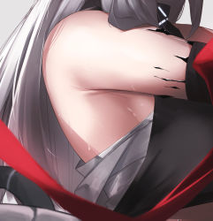 Rule 34 | 1girl, ao oni (onioni-aoi), arknights, armpit focus, armpits, bandages, bare shoulders, breasts, collar, grey hair, head out of frame, highres, infection monitor (arknights), large breasts, long hair, material growth, mudrock (arknights), oripathy lesion (arknights), sarashi, simple background, solo, sports bra, upper body, white background