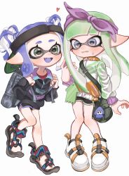 Rule 34 | 2girls, :d, absurdres, backpack, backwards hat, bag, black footwear, black hat, black jacket, black shorts, blunt bangs, blunt ends, blush, bow, bow hairband, charm (object), colored tongue, dolphin shorts, dropping, ear blush, fang, flinch, full body, green bag, green eyes, green hair, green tongue, green trim, grey bag, hair bow, hairband, hat, heart, highres, inkling girl, inkling player character, jacket, lemo (lemo 4), long hair, looking at another, multicolored clothes, multicolored jacket, multiple girls, nintendo, open mouth, phone, pointy ears, purple bow, purple eyes, purple hair, purple hairband, purple tongue, purple trim, red shirt, sandals, shirt, short twintails, shorts, shoulder bag, skin fang, smile, splatoon (series), splatoon 3, sports sandals, standing, standing on one leg, suction cups, surprised, sweatdrop, tentacle hair, twintails, visor cap, wavy mouth, white background, white footwear, white jacket