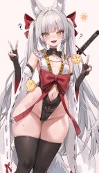 Rule 34 | 1girl, ?, absurdres, animal ear fluff, animal ears, asanagi (azur lane), azur lane, black thighhighs, blush, breasts, cameltoe, cleft of venus, collarbone, commentary, detached sleeves, double v, elbow gloves, fangs, feet out of frame, fingerless gloves, fox ears, freng, gloves, gluteal fold, grey hair, groin, highres, katana, long hair, looking at viewer, manjuu (azur lane), navel, revealing clothes, revision, simple background, skindentation, small breasts, solo, stomach, sweat, sword, thick thighs, thigh gap, thighhighs, thighs, twintails, v, very long hair, weapon, weapon on back, white background, wide hips, yellow eyes