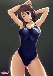 Rule 34 | 10s, 1girl, armpits, arms behind head, bare arms, bare legs, bare shoulders, black background, blue eyes, blue one-piece swimsuit, breasts, brown hair, competition swimsuit, copyright name, covered navel, cowboy shot, covered erect nipples, highleg, highleg swimsuit, highres, large breasts, looking at viewer, love live!, love live! sunshine!!, one-piece swimsuit, one eye closed, short hair, sideboob, smile, solo, swimsuit, thighs, tongue, tongue out, tony guisado, watanabe you