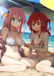 Rule 34 | 2girls, absurdres, animal, beach, bikini, blue eyes, bocchi the rock!, breasts, cleavage, collarbone, crab, cube hair ornament, day, gotoh hitori, green eyes, hair between eyes, hair ornament, highres, holding, holding animal, kita ikuyo, krill55, large breasts, long hair, multiple girls, navel, ocean, one side up, open mouth, outdoors, parasol, pink hair, plaid, plaid bikini, red hair, sand, small breasts, swimsuit, umbrella, white bikini