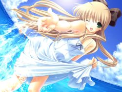 Rule 34 | 1girl, beach, blonde hair, day, dress, game cg, natural another one 2nd belladonna, one eye closed, outdoors, ribbon, smile, solo, tsurugi hagane, water, wet, wink, yachigusa mitsune