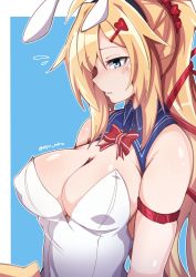 Rule 34 | 1girl, akai haato, akai haato (1st costume), animal ears, belt, blonde hair, blue background, blue eyes, breasts, cleavage, covered erect nipples, detached collar, hair ornament, hair ribbon, hairclip, heart, heart hair ornament, highres, hololive, large breasts, leotard, long hair, myumi, playboy bunny, ponytail, rabbit ears, ribbon, skindentation, solo, upper body, virtual youtuber